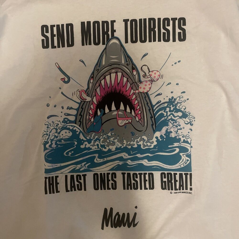 Vtg Men’s Shirt XL Maui Hawaii Shark 1980s Surf Puff Graphic Print Single Stitch
